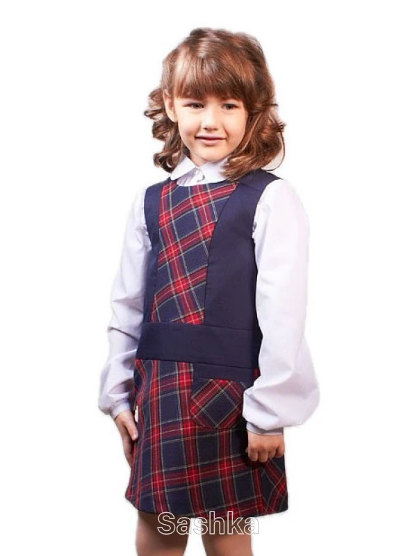 Сарафан для дівчинки Sashka шкільний синій в червону клітинку (напіввовна), розмір 116-146